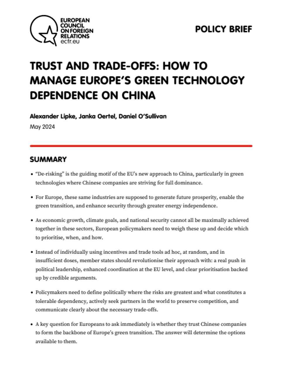 Trust and trade-offs: How to manage Europe’s green technology dependence on China